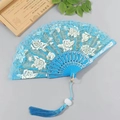 Blue lace folding fan with white rose pattern, hollow carved ribs and silk tassel - Fan with Tassel / Sky Blue