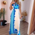 Halter neck maxi dress in blue and cream print for a stylish summer beach resort look - S / Blue