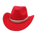 Detail of red felt cowboy hat featuring double layers of star pattern decorative bands - One Size / Red