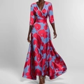 Elegantes marineblaues Maxikleid mit V-Ausschnitt, rotem Blumenmuster und Satin-Gürtel - 3XL / Dunkelblau Rote Blumen