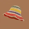 Rainbow striped handmade crochet straw sun hat for women with bohemian style design - L (58-60cm) / Colorful Rainbow Beige