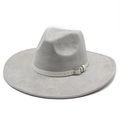 Close-up of light grey suede jazz hat with white leather band and silver metal buckle - M(56-59CM) / Light Grey (Suede)