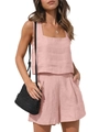 Ensemble 2 pièces femme rose clair en lin avec haut sans manches et short taille haute - S / Rose