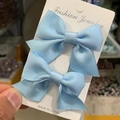 Cute light blue satin ribbon bow hair clips set on a fashion jewelry display card - Handmade Bow (A1719) / 2 Pcs/Set / Ice Blue