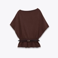 Elegant dark brown boat neck knit top with batwing sleeves and a thin black belt - S / Coffee