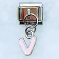 Silver modular link charm featuring a light pink enamel letter V pendant for bracelets - Letter V