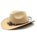 Close-up of beige felt cowboy hat with braided cord and vintage bronze buckle detail - M (56-58cm) Adjustable / Camel