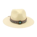 Cappello fedora in paglia beige con fascia etnica marrone e dettaglio in turchese - Cappello di Paglia Bianco Crema (Pietra Blu Ovale)