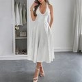 Elegant white halter neck A-line maxi dress with fine jacquard texture for evening wear - S / White