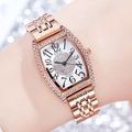 Elegante reloj de cuarzo tonneau oro rosa para mujer con bisel de cristal y correa de metal - Caja de Oro Rosa Esfera Blanca