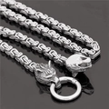 Polished silver stainless steel Viking wolf head chain necklace with Thor's hammer pendant - Silver Double Wolf Head Stainless Steel Pendant Necklace