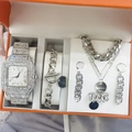 5-teiliges silbernes Damenuhr-Set mit quadratischer Strassuhr und Schmuck-Kollektion - Hip Hop Silber Quadratische Uhr ohne Datum 5-teiliges Set