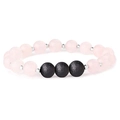 Pink rose quartz and black lava stone beaded stretch bracelet with silver metal spacers - Rose Quartz & Black Lava Stone