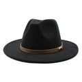 Detail of black wool fedora hat featuring a brown leather band and gold buckle accent - M (56-58cm) / Black