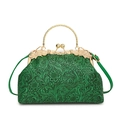 Dunkelgrüne Tasche mit Blumenprägung und goldenem Metallgriff im Vintage-Stil - Grün