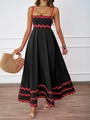 Detail of black summer maxi dress with red scalloped trim and elegant A-line silhouette - Black With Red Scalloped Trim
