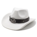 Detail of white felt cowboy hat featuring brown leather band with eagle star metal buckle - M (56-58cm) / White