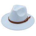 Light blue fedora wool felt hat featuring a vintage brown leather band with gold buckle - One Size / Sky Blue