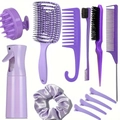 10-piece professional hair styling tool set in soft purple including brushes and spray bottle - 10Pcs Purple Set (Spiral Comb)