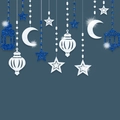 Eid Ramadan glitter star moon and lantern hanging ornaments in blue and silver, 6pcs set - Blue & Silver