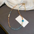 Ethnic beaded necklace with peach and light blue stones and square blue bead - Gold-Pink-Blue Beaded (82#)