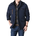 Men's deep blue hooded fleece jacket with multi-pocket design and windproof fabric - L / Dark Blue