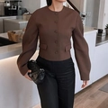 Women's casual solid brown cropped vest jacket with lantern sleeves and button-up front - S / Coffee