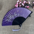 Purple gradient folding fan featuring cherry blossom and butterfly patterns with silver tassel - No.62 Purple Gradient Cherry Silver Tassel