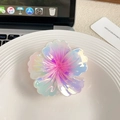 Iridescent Hibiscus flower hair claw clip with colorful gradient resin finish - Iridescent Pink Purple