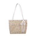 Handgefertigte Strohtasche mit Blumenstickerei, Baumwollkordeln und Spitzenschleife - Khaki