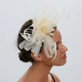 Elegant ivory white fascinator with soft feathers and lace for weddings and events - Off White