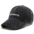 Dunkelgraue Cord-Baseballkappe mit STRENGTH-Stickerei im klassischen Vintage-Stil - Verstellbar / Grau