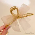 Pince à cheveux dorée avec nœud en organza champagne et strass taille 11cm - 11# Nœud Champagne