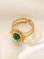Adjustable golden stainless steel open ring with sunflower design and green stone - Sunflower Double Layer Wave Style (Z-323) / Gold/Dark Green