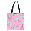 Pink polyester tote bag featuring blue hearts and Love pattern with black handles - Style 15 Pink Base Blue Heart Love