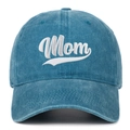 Detailed view of white Mom embroidery on blue washed denim cotton baseball cap texture - Lake Blue (Mom)