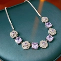 Detail of silver-tone necklace featuring purple square stones and zircon floral elements - Purple Square Zirconia Rose Necklace (15#) / Silver/Purple