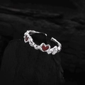 Adjustable S925 silver ring featuring vintage lava texture and red heart drop oil patterns - Vintage Silver Red Heart Open Ring