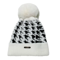 Berretto in maglia da donna con motivo pied de poule bianco e nero e pompon di pelliccia - M / Bianco