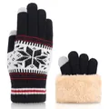 Winter thermal touchscreen knitted gloves in black with snowflake pattern and plush lining - Double Layer Fur Cuff Snowflake Style / Black