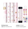 Birthday gift wrap set with pink star patterns, cotton ropes, and sticker labels - 4-Roll Set B