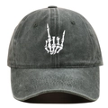 Close-up of white bone hand embroidery on dark grey washed cotton baseball cap - One Size / Army Green