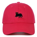 Close-up of a bright red cotton baseball cap featuring detailed black cat embroidery - Adjustable / Rose Red