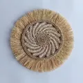 Bohemian round woven straw wall decor featuring raffia texture and natural fringe - Natural Dense Tassel Style (44cm)