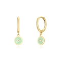 Detail of 925 silver hoop earring with light green enamel and white zircon stone - Round Pendant / Light Green/Gold