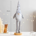 25cm Christmas gnome with silver sequin hat and long legs on a round wooden base - Silver Standing Bearded Gnome