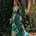 Abito lungo invernale con scollo a V, maniche a lanterna e stampa floreale verde - Taglia S / Vestiti / Verde