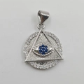 Silver Evil Eye pendant with blue stone and clear zircon accents on white background - Round Triangle Eye Silver DL0075