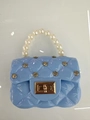 Quilted light blue jelly handbag with pearl handle and golden stud details - Sky Blue