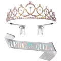 Rose gold birthday girl queen tiara set with sparkly silver glitter sash and rhinestones - Set 22 (Rose Gold Tiara + Silver Sash)